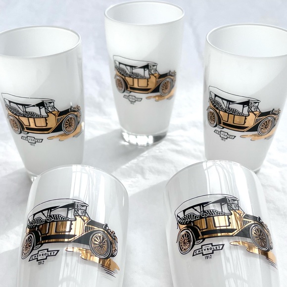 Set of 5 Vintage Cocktail Highball Glasses 1912 Chevrolet Collectible Gold Leaf - Picture 1 of 9